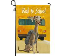 Bandiere da giardino con cane levriero e scuolabus, 30,5 x 45,7 cm, per esterni, divertente per il rientro a scuola, bandiere verticali standard in lino, per animali domestici, cortile, cortile, prato