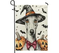 Bandiere da giardino con cane levriero strega di Halloween, 30,5 x 45,7 cm, double face, decorazione esterna, spaventosa zucca pipistrello, cucciolo, bandiera, tela, casa, animali domestici, piccola