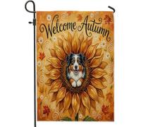Bandiere da giardino con cane pastore australiano autunnale dipinto ad olio 30,5 x 45,7 cm su entrambi i lati per esterni, bandiere verticali standard per la casa in tela di girasole autunnale