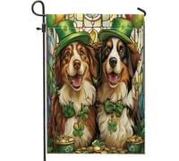 Bandiere da giardino con cane pastore australiano per il giorno di San Patrizio, 30,5 x 45,7 cm, double face, per decorazione esterna, bandiera in tela per cuccioli in vetro colorato, divertente
