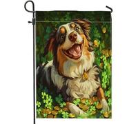 Bandiere da giardino con cane pastore australiano per il giorno di San Patrizio, 30,5 x 45,7 cm, double face, per esterni, motivo cucciolo di trifoglio, bandiera per la casa, trifoglio per animali
