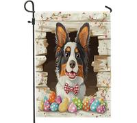 Bandiere da giardino con cane pastore australiano primaverile pasquale, 30,5 x 45,7 cm, double face, per decorazione esterna, divertente bandiera rustica con uova di cucciolo, bandiera per casa