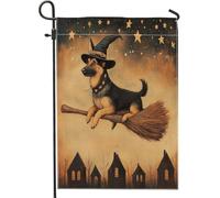 Bandiere da giardino con cane pastore tedesco di Halloween, 30,5 x 45,7 cm, double face, per esterni, con stelle di scopa da strega, bandierine per prato, cortile, piccola casa, decorazione per