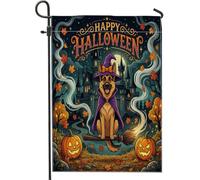 Bandiere da giardino con cane pastore tedesco di Halloween, 30,5 x 45,7 cm, per esterni, divertente motivo strega, bandiere per la casa in lino standard, bandiere autunnali per cortile, cortile, prato