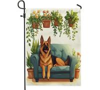 Bandiere da giardino con cane pastore tedesco primaverile, 30,5 x 45,7 cm, double face, per esterni, divertente motivo con piante in vaso, bandiere standard in tela per casa, divano, animali domestici