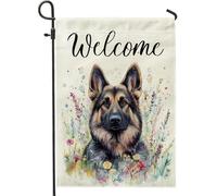 Bandiere da giardino con cane pastore tedesco primaverile, 30,5 x 45,7 cm, double face, per esterni, fresco cucciolo floreale acquerello standard verticale in tela bandiere per la casa, bandiere per