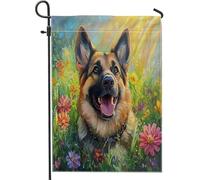 Bandiere da giardino con cane pastore tedesco primaverile, 30,5 x 45,7 cm, double face, per esterni, motivo floreale colorato, bandiere standard in tela per la casa, per animali domestici, cortile