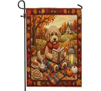 Bandiere da giardino con cani con scarabocchio dorato autunnale, 30,5 x 45,7 cm, double face, per esterni, decorazione per esterni, stile autunnale, bandiera per campeggio, cortile, casa, campagna