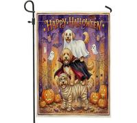 Bandiere da giardino con cani con scarabocchio dorato per Halloween, 30,5 x 45,7 cm, per esterni, motivo fantasma con cucciolo spaventoso, bandiere verticali standard in lino, stampa zucca horror