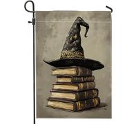 Bandiere da giardino con cappello da strega di Halloween, 30,5 x 45,7 cm, double face, per decorazione esterna, vintage libro magico retrò, bandiera in tela da cortile, strega spaventosa per esterni