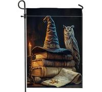 Bandiere da giardino con cappello da strega di Halloween, 30,5 x 45,7 cm, double face, per esterni, vintage, libro magico gufo, bandierine per esterni, in tela, spaventosa, horror, spaventoso, strega