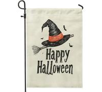Bandiere da giardino con cappello da strega di Halloween ad acquerello, 30,5 x 45,7 cm, double face, per decorazione esterna, divertente scopa magica per cortile, bandiera in tela da giardino, strana