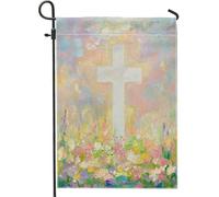 Bandiere da giardino con croce pasquale primaverile, 30,5 x 45,7 cm, double face, per esterni, pittura a olio, fiori di campo, bandiera per casa, paesaggio naturale, piccola bandiera per prato