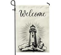 Bandiere da giardino con faro bianco e nero, 30,5 x 45,7 cm, double face, per esterni, con ancora nautica standard, in tela, bandiere per casa, stile vintage, per cortile, cortile, prato