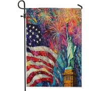 Bandiere da giardino con fuochi d'artificio del 4 luglio, 30,5 x 45,7 cm, double face, per esterni, statua della libertà, bandiera per casa, in tela, per il giorno dell'indipendenza, piccola bandiera