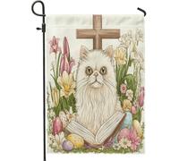Bandiere da giardino con gatto persiano primaverile, 30,5 x 45,7 cm, double face, per decorazione esterna, uova di campagna, fiori, gattini, bandierine in tela, divertente bandiera per esterni