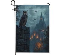 Bandiere da giardino con gufo horror di Halloween, 30,5 x 45,7 cm, double face, per esterni, casa infestata, castello infestato, bandierine standard in tela, raccapricciante scenica cortile cortile