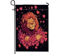 Bandiere da giardino con leone di San Valentino, 30,5 x 45,7 cm, double face, per esterni, divertente e carino, a forma di cuore, animali selvatici, in tela, per esterni, cortile, cortile, prato