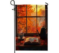 Bandiere da giardino con libro autunnale vicino alla finestra, 30,5 x 45,7 cm, double face, decorazione per esterni, bandiera autunnale con foglia d'acero, bandiera per casa in tela per il