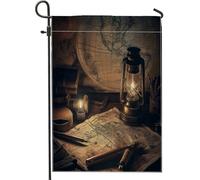 Bandiere da giardino con mappa del tesoro nautico, 30,5 x 45,7 cm, double face, per esterni, mappa del mondo vintage, lampada a olio standard verticale in tela, bandiere rustiche per cortile, cortile