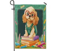 Bandiere da giardino con matite per cani Cocker Spaniel, 30,5 x 45,7 cm, double face, per esterni, per rientro a scuola, cuccioli standard verticali in tela, bandiere per casa, cortile, cortile, prato