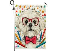 Bandiere da giardino con matite per cani maltesi, 30,5 x 45,7 cm, double face, decorazione per esterni, divertente bandiera per il rientro a scuola, per cuccioli di casa, per animali domestici