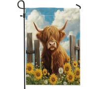 Bandiere da giardino con mucca delle Highland primaverili, 30,5 x 45,7 cm, double face, decorazione esterna, motivo girasole, bandiera per casa, divertente fattoria scenica all'aperto piccola bandiera
