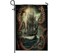 Bandiere da giardino con nave pirata nautica polpo 30,5 x 45,7 cm double face per decorazione esterna, bandiera Krakens Tentacoli in tela per casa, bandiera fresca oceano all'aperto piccolo cortile