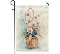 Bandiere da giardino con orchidee ad acquerello, 30,5 x 45,7 cm, double face, per esterni, cesto di fiori primaverili, bandiera per casa, bandiera floreale per esterni, piccola bandiera per prato