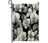 Bandiere da giardino con orchidee bianche e nere, 30,5 x 45,7 cm, double face, per esterni, decorazione estetica, floreale, in tela, bandiera per la casa, bandiera vintage per esterni, piccola