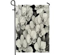 Bandiere da giardino con orchidee bianche e nere, 30,5 x 45,7 cm, per esterni, bandiere estetiche floreali standard verticali in lino per casa, fiori vintage, cortile, cortile, prato, decorazione