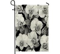 Bandiere da giardino con orchidee bianche e nere, 30,5 x 45,7 cm, per esterni, bandiere verticali standard in lino per casa, bandiere floreali vintage per cortile, cortile, prato, decorazione esterna