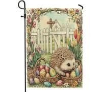 Bandiere da giardino con riccio pasquale primaverile, 30,5 x 45,7 cm, double face, per esterni, uova di fattoria, croce con animali, bandiere per esterni, decorazione vintage per cortile e prato