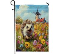 Bandiere da giardino con riccio primaverile, 30,5 x 45,7 cm, double face, per decorazione esterna, bandiera in tela con animali da giardino, divertente bandiera per fattoria di fiori all'aperto