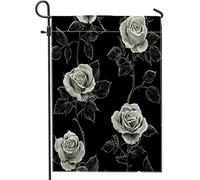 Bandiere da giardino con rose bianche e nere, 30,5 x 45,7 cm, per esterni, moderne bandiere verticali floreali standard in lino per casa, semplici bandiere per cortile, cortile, prato, decorazione