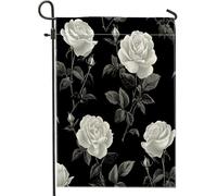 Bandiere da giardino con rose bianche e nere, 30,5 x 45,7 cm, per esterni, moderne bandiere verticali in lino per casa, arte floreale, cortile, cortile, prato, decorazione per esterni