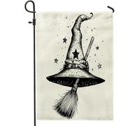Bandiere da giardino con scopa magica di Halloween, 30,5 x 45,7 cm, double face, per esterni, con cappello da strega nero gotico, bandiere per la casa in tela standard, bandiera gotica per cortile e