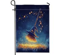 Bandiere da giardino con scopa magica di Halloween, 30,5 x 45,7 cm, double face, per esterni, divertente motivo con cappello da strega, bandiera per la casa in tela standard, bandiera da giardino e