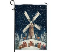 Bandiere da giardino con scritta "Merry Christmas", 30,5 x 45,7 cm, double face, per esterni, con mulino a vento e neve, bandiera standard in tela per casa, fattoria, cortile, cortile, prato, bandiera