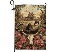 Bandiere da giardino con teschio di mucca occidentale, 30,5 x 45,7 cm, double face, per esterni, stile vintage con mulino a vento del sud-ovest, bandiere verticali standard per casa, bandiere
