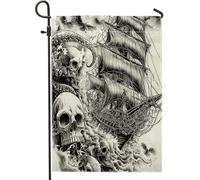 Bandiere da giardino con teschio gotico e nave pirata, 30,5 x 45,7 cm, double face, per esterni, stile nautico, stile nautico, standard, verticale, bandiere per la casa, in tela, vintage, per cortile