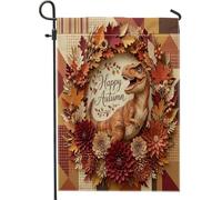 Bandiere da giardino con tirannosauro autunnale Rex, 30,5 x 45,7 cm, double face, per esterni, con foglie floreali e foglie, piccole bandiere per la casa, in tela con dinosauri, per esterni
