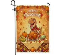 Bandiere da giardino con tirannosauro autunnale Rex, 30,5 x 45,7 cm, double face, per esterni, per il raccolto del Ringraziamento, piccole bandiere per la casa in tela, divertenti bandiere da giardino