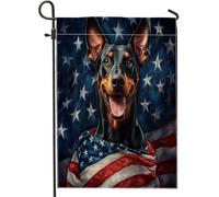 Bandiere da giardino del 4 luglio Doberman 30,5 x 45,7 cm per esterni, bandiere verticali standard per cani dell'indipendenza americana, bandiere in lino per casa, divertimento per animali domestici