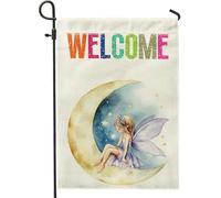 Bandiere da giardino delle fate della luna dei cartoni animati 30,5 x 45,7 cm, double face, per esterni, decorazione per esterni, motivo fantasia ad acquerello, bandiera per casa da cortile