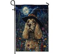 Bandiere da giardino di Halloween con motivo a strega Cocker Spaniel, 30,5 x 45,7 cm, double face, per esterni, giardino di cuccioli, motivo floreale, tela standard, bandiera domestica, divertente