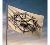 Bandiere da giardino divertente bussola nautica con nave a vela e design floreale. Bandiere per la tua stanza, bar grotta uomo (60 x 90 cm)