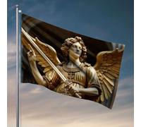 Bandiere da giardino divertente statua di angelo dorato che tiene la spada e punta verso l'alto. Bandiere divertenti divertenti (120 x 180 cm)