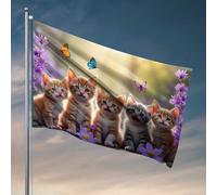 Bandiere da giardino divertenti cinque gattini in un giardino con farfalle e fiori, decorazione autunnale per esterni, fantastiche bandiere per la stanza dei ragazzi (30 x 45 cm)