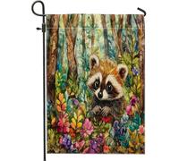 Bandiere da giardino divertenti con procione per animali domestici, 30 x 45 cm, double face, per esterni, acquarello, foreste, fiori, bandiere verticali standard per casa, animali da cortile, cortile